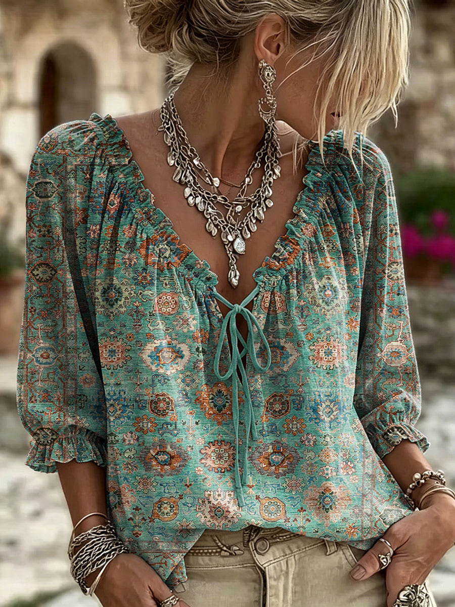 Women's Retro Ethnic Totem Art Print Casual Long-sleeved V-neck Ruffled Cotton Shirt